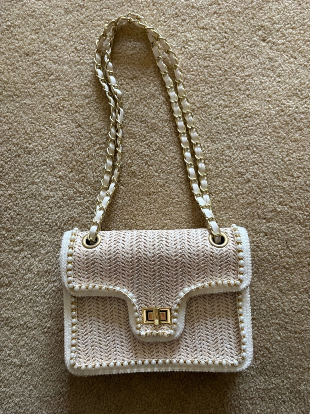 Woven Chain-Handle Shoulder Bag in Cream